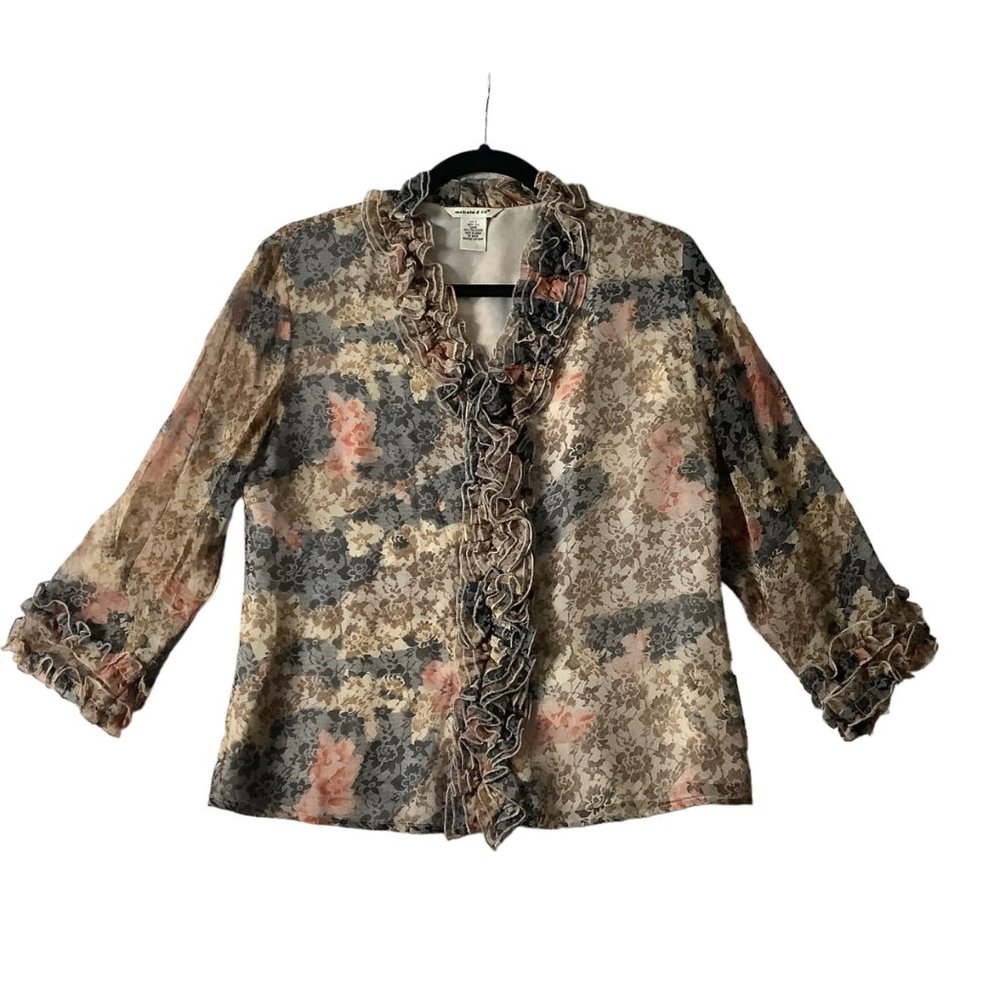 Malcolm & Co. Silk Ruffle Blouse Women Size Small Floral V-Neck Button Up Lined